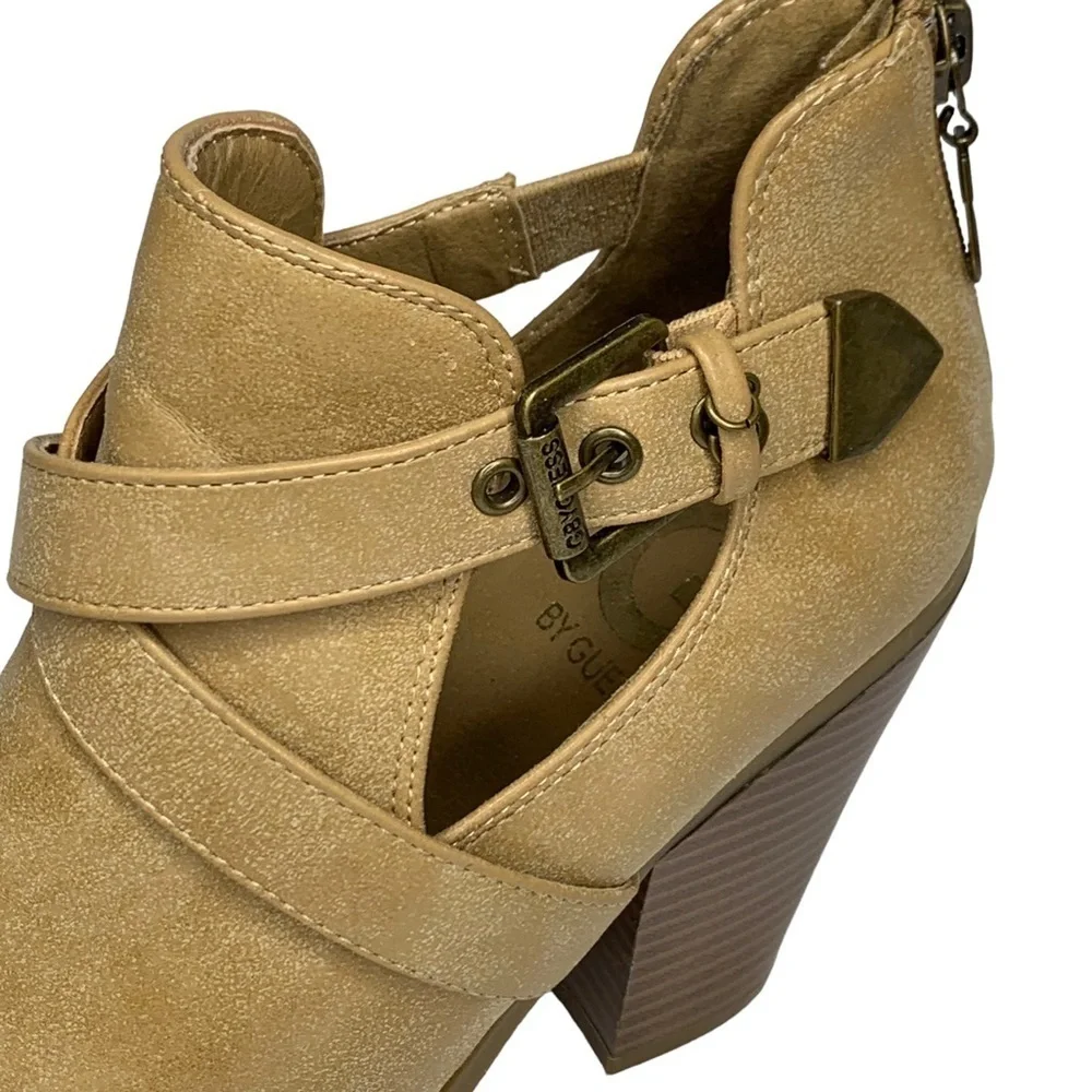 Guess Tan Ankle Boots 3” Block Heel Cut Outs on Sides Back Zippers New Size 7.5